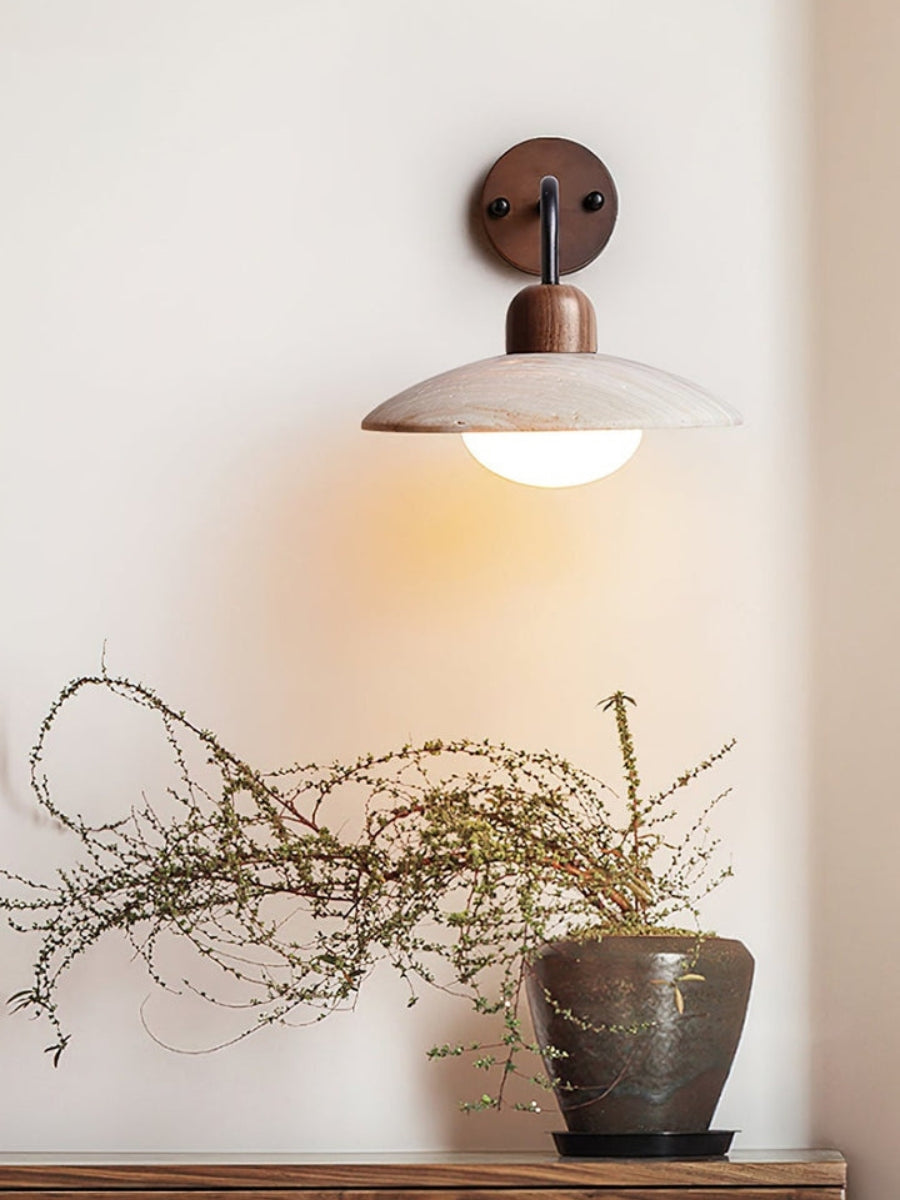 Modern travertine wall light – disc shape with wood and metal elements