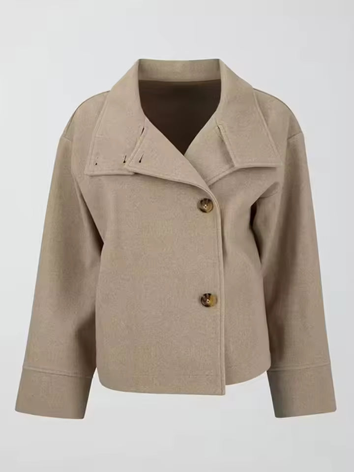 Women's short jacket with high collar and asymmetrical button placket 