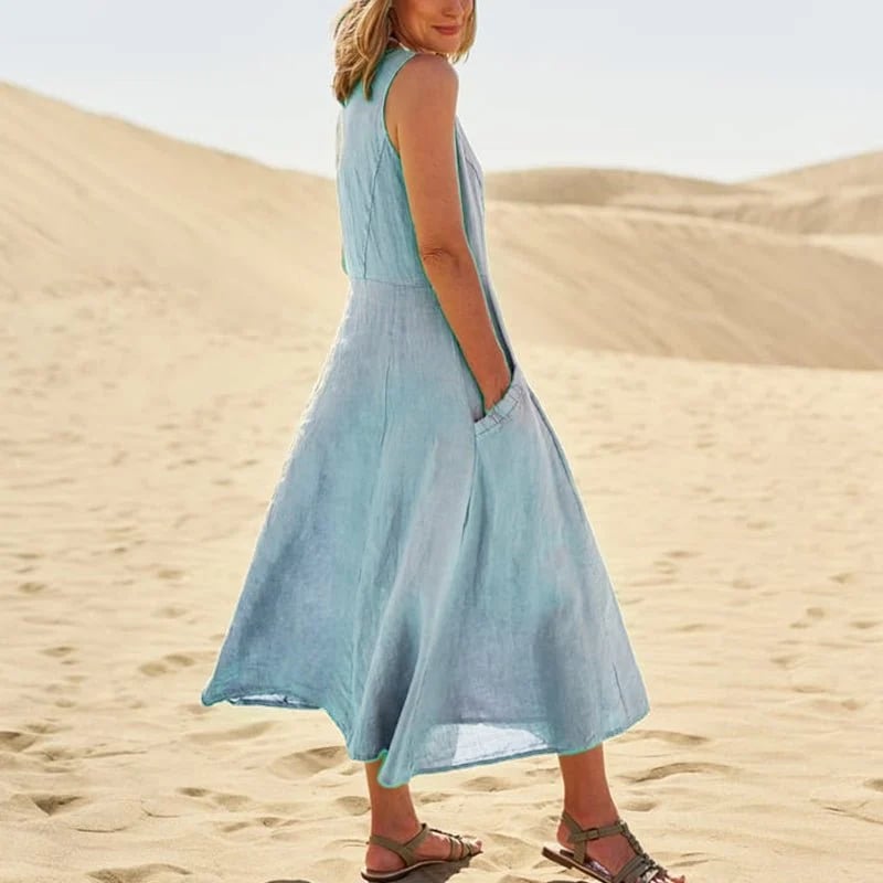 Women’s Sleeveless Cotton Linen Dress with Pockets