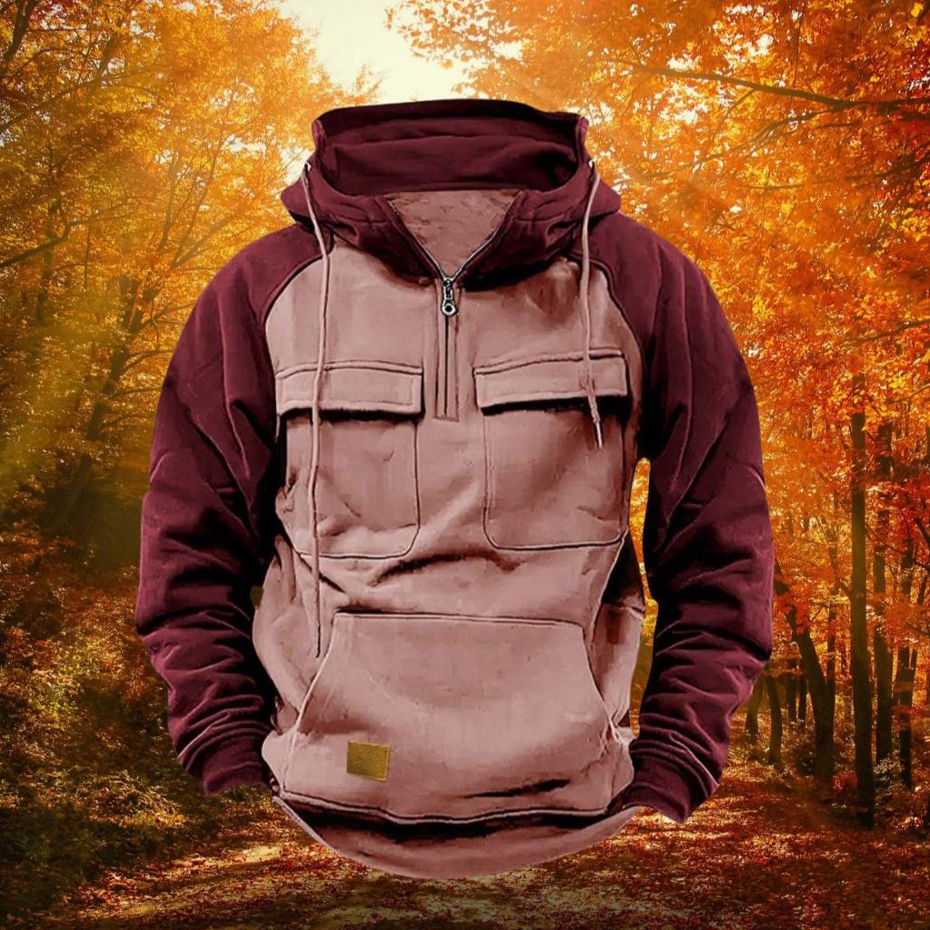 Men's Outdoor Hoodie with Color Block and Quarter Zip