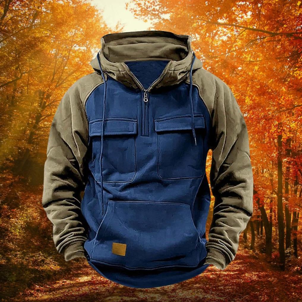 Men's Outdoor Hoodie with Color Block and Quarter Zip
