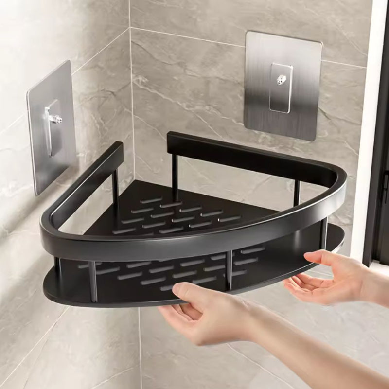 Aluminum shower shelf – Curved wall shelf with hooks