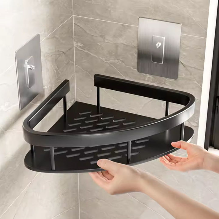 Aluminum shower shelf – Curved wall shelf with hooks