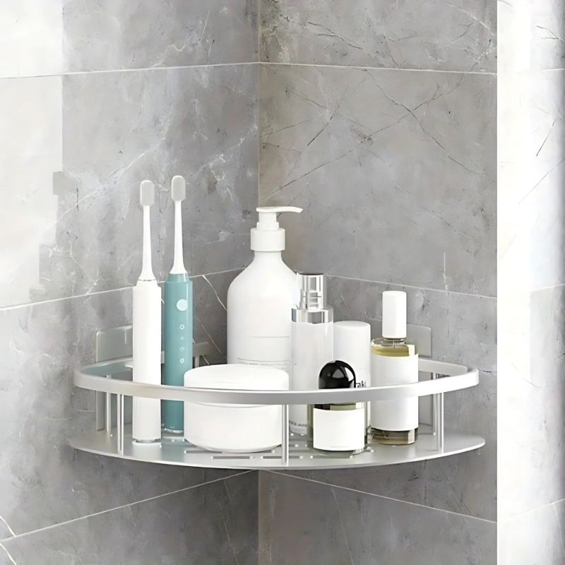 Aluminum shower shelf – Curved wall shelf with hooks