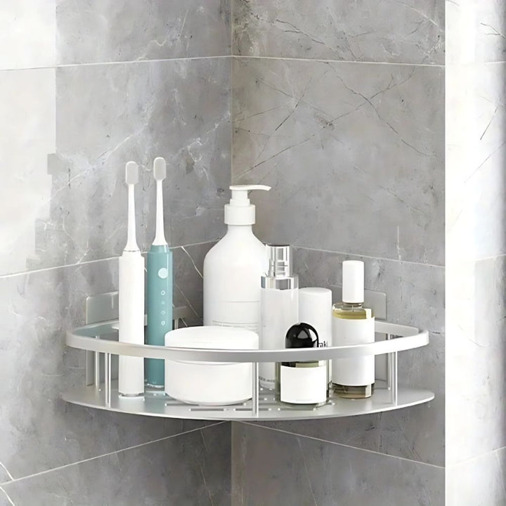 Aluminum shower shelf – Curved wall shelf with hooks