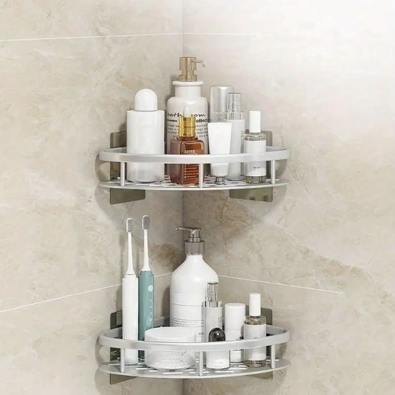Aluminum shower shelf – Curved wall shelf with hooks