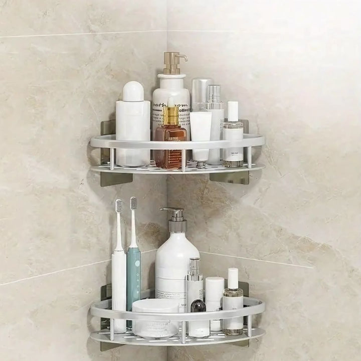 Aluminum shower shelf – Curved wall shelf with hooks