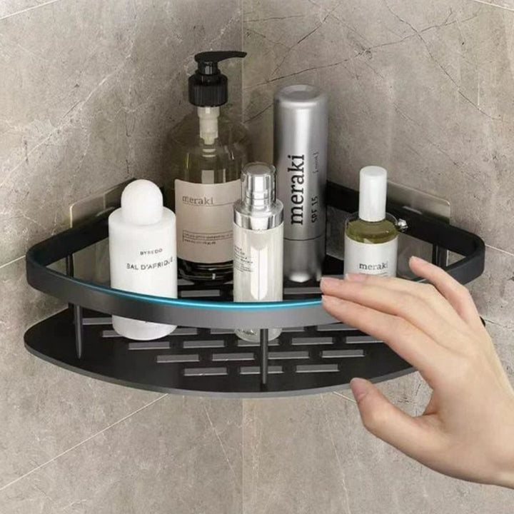 Aluminum shower shelf – Curved wall shelf with hooks