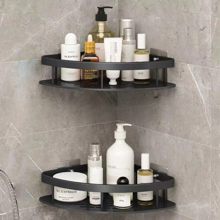 Aluminum shower shelf – Curved wall shelf with hooks