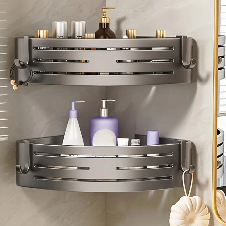 Corner shower shelf, aluminum – self-adhesive wall shelf, no drilling required