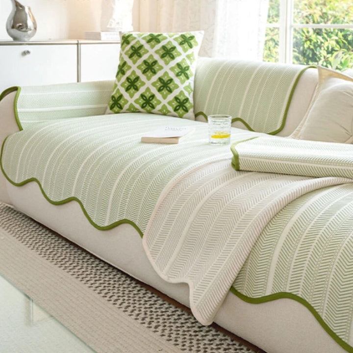 Sofa cover with herringbone pattern – throw with wavy edge