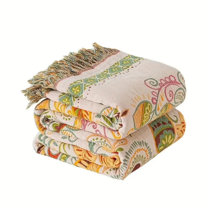 Boho cotton blanket – reversible throw with floral pattern and fringe