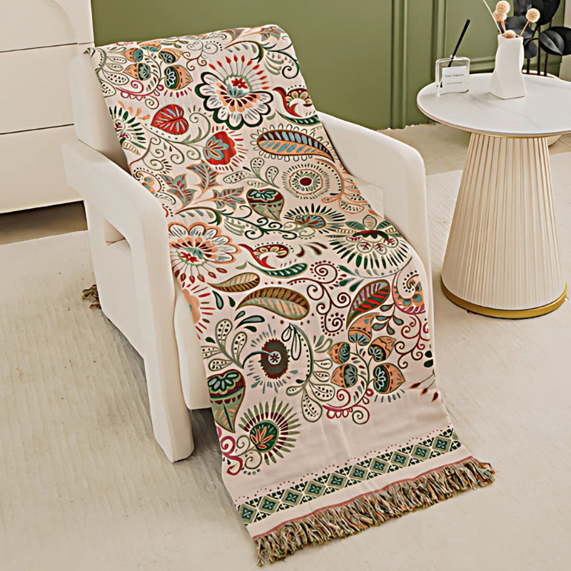 Boho cotton blanket – reversible throw with floral pattern and fringe