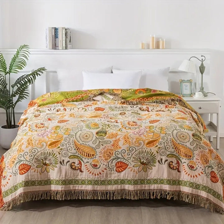 Boho cotton blanket – reversible throw with floral pattern and fringe