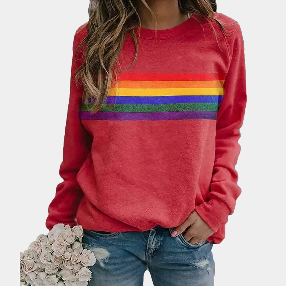 Women's Sweatshirt with Rainbow Stripes and Round Neck 