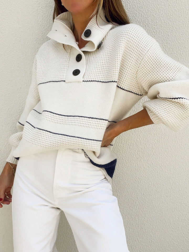 Women's Knit Sweater with Open Collar and Button Placket