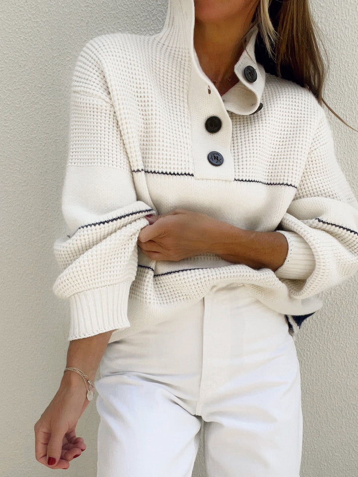 Women's Knit Sweater with Open Collar and Button Placket