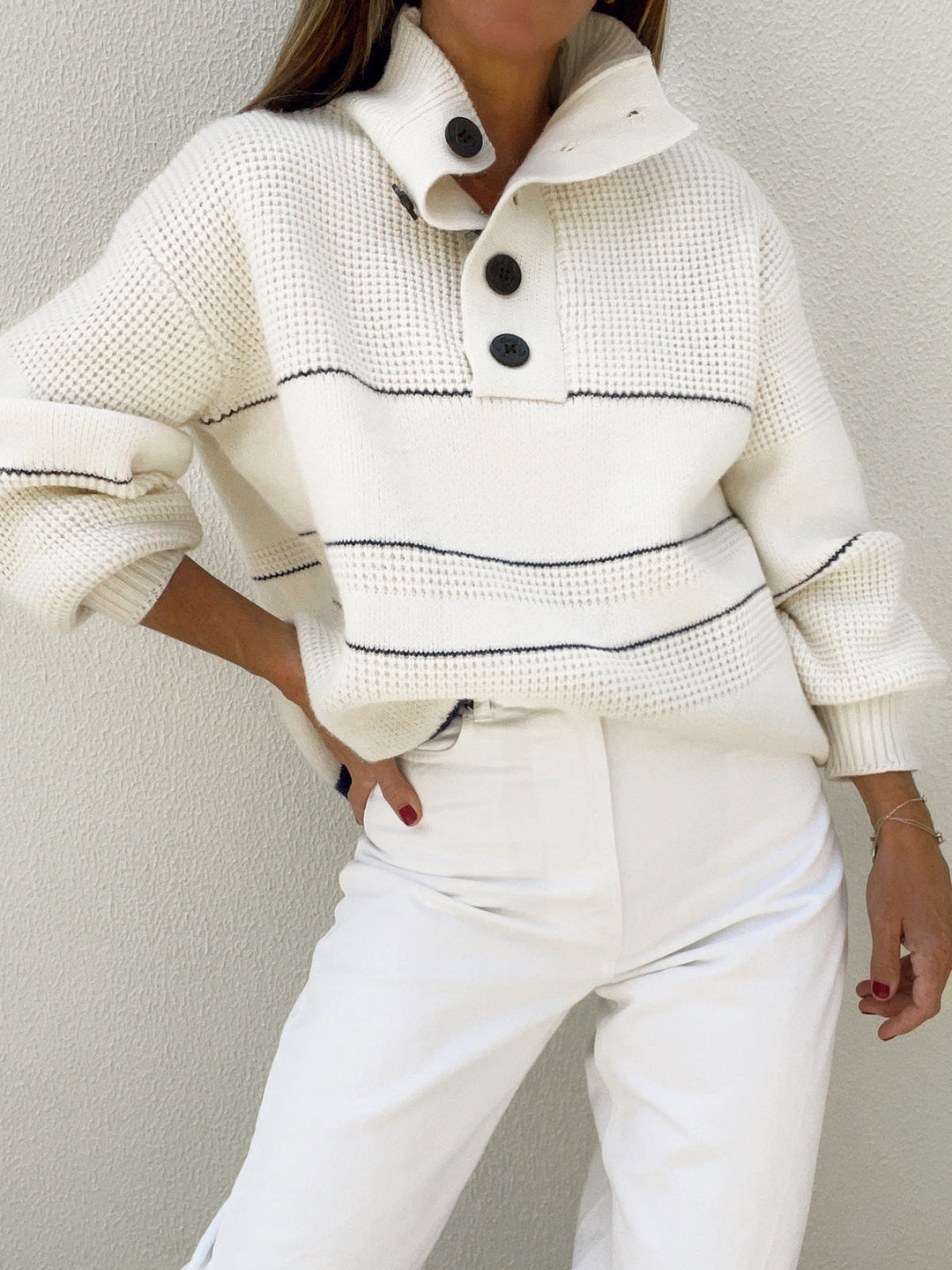 Women's Knit Sweater with Open Collar and Button Placket