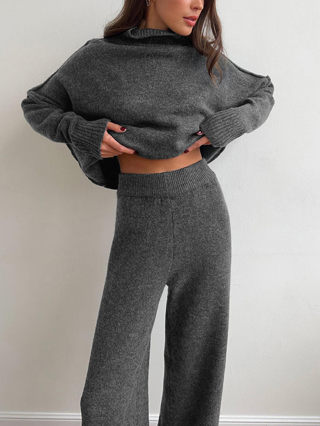 Women's Knit Set with Roll Neck and Loose Fit 