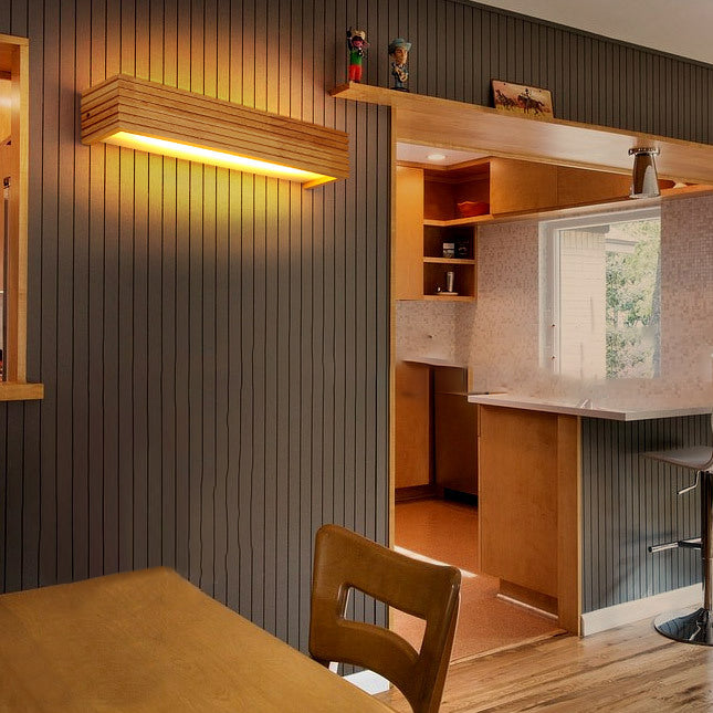 Rechteckige LED Wandleuchte aus Holz und Acryl im minimalistischen Design