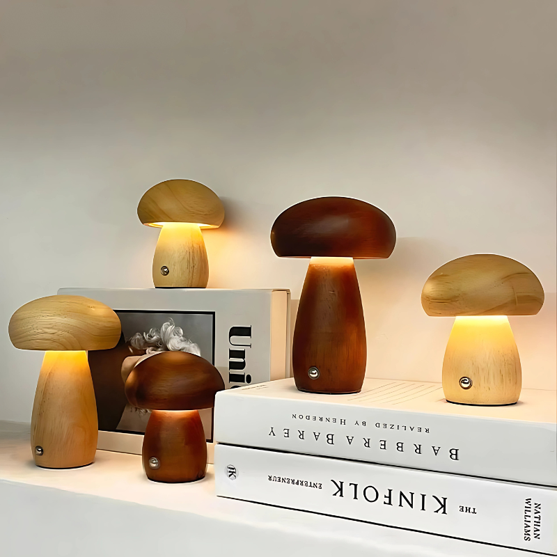 Dimmbares Nachtlicht aus Buchenholz mit pilzförmigem Design