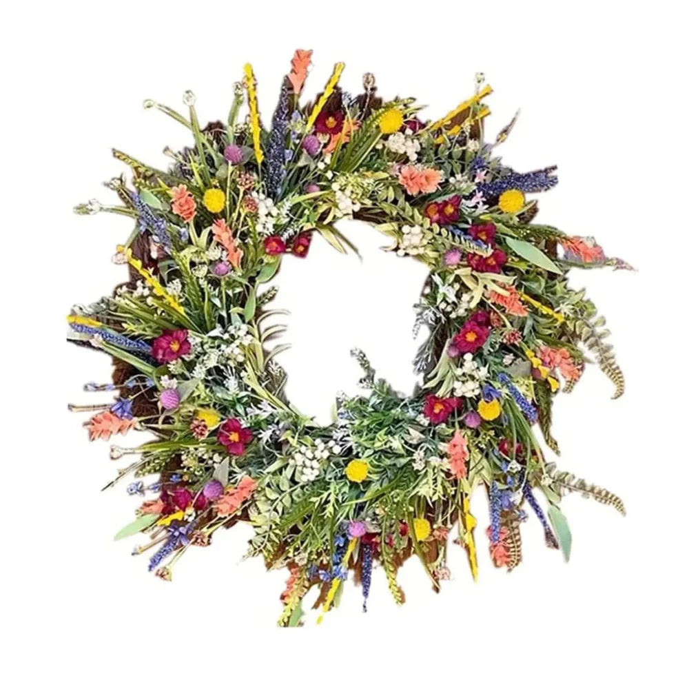 Handmade wreath with colorful artificial flowers 