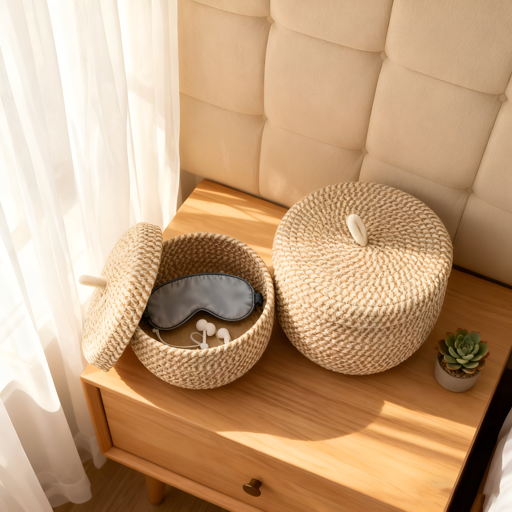 Jute-Baumwoll-Aufbewahrungskorb mit Deckel als Ordnungshelfer im Zuhause