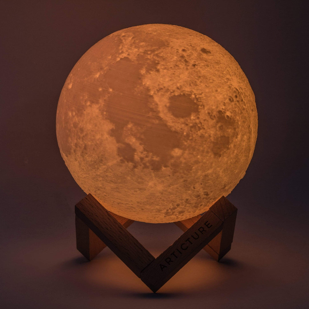 Wireless LED moon lamp with wooden stand and 6 light colors