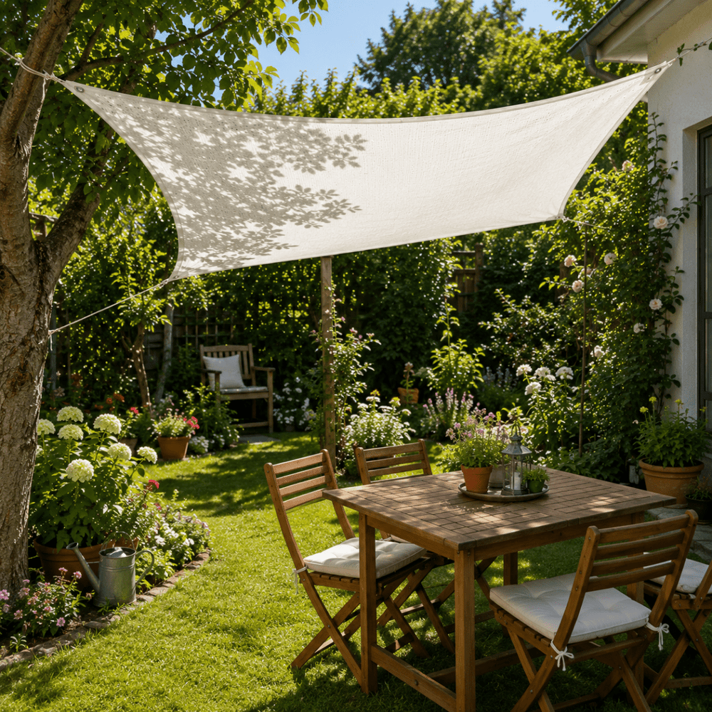Schattierungsnetz als Sonnenschutz über einer Terrasse befestigt