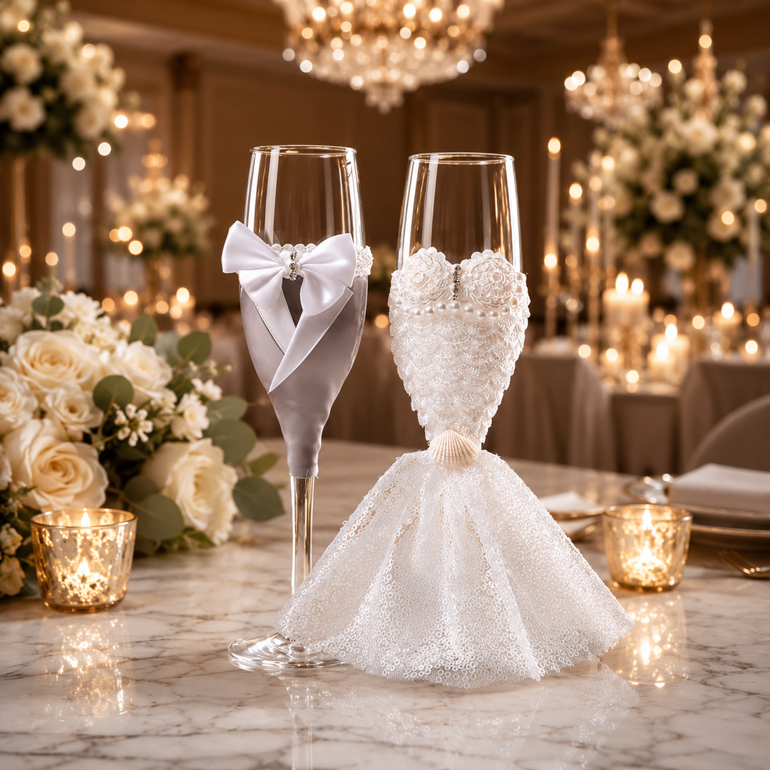 Zwei elegante Sektgläser aus Glas als Hochzeitsset auf hellem Hintergrund