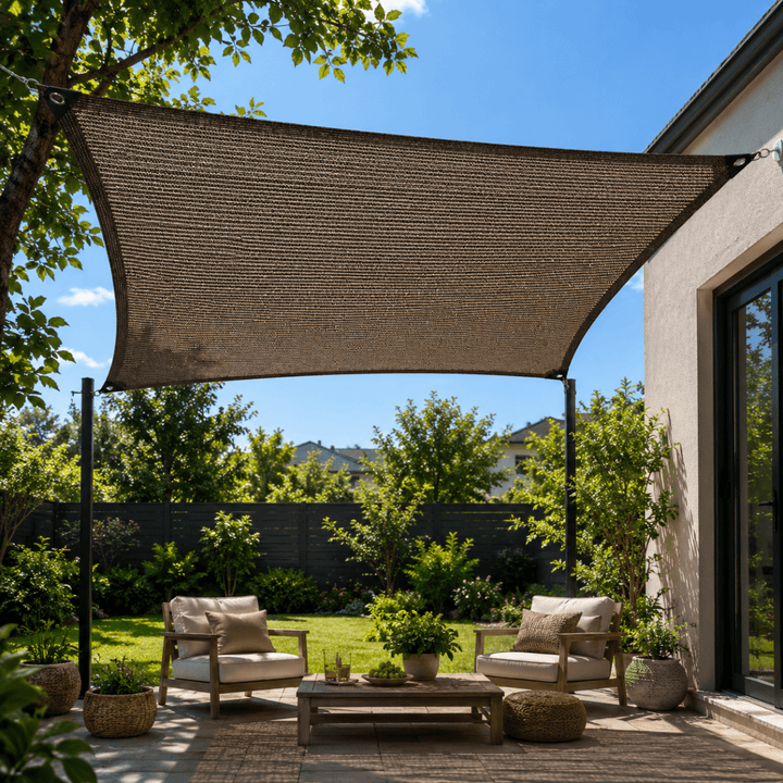 Sonnenschutznetz für den Außenbereich über einer Terrasse gespannt