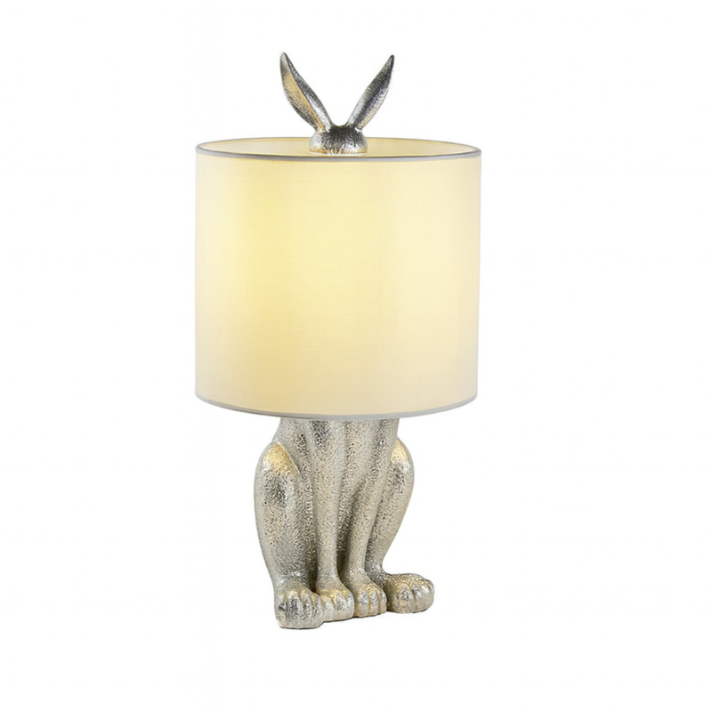 Masked Rabbit bedside lamp made of resin with fabric shade 
