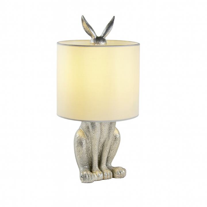 Masked Rabbit bedside lamp made of resin with fabric shade 