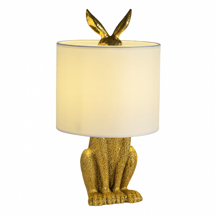 Masked Rabbit bedside lamp made of resin with fabric shade 