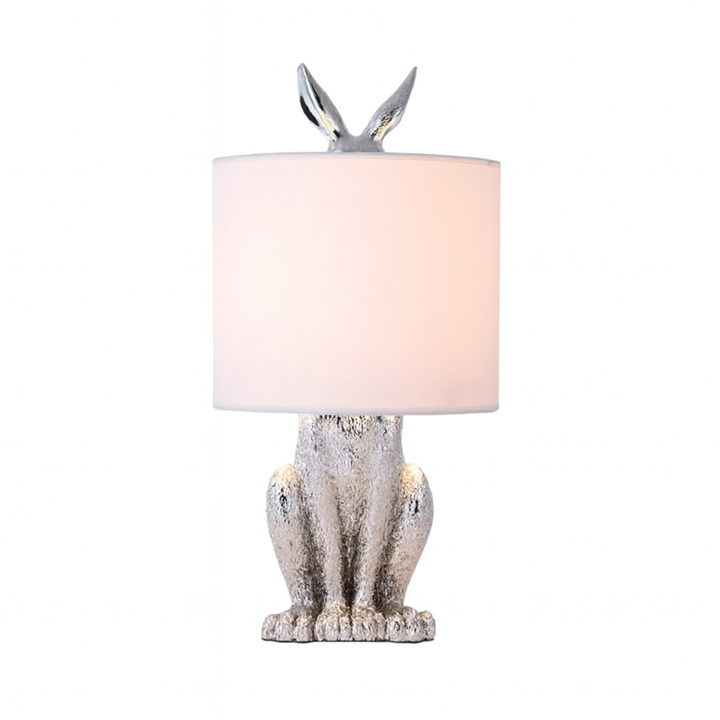 Masked Rabbit bedside lamp made of resin with fabric shade 