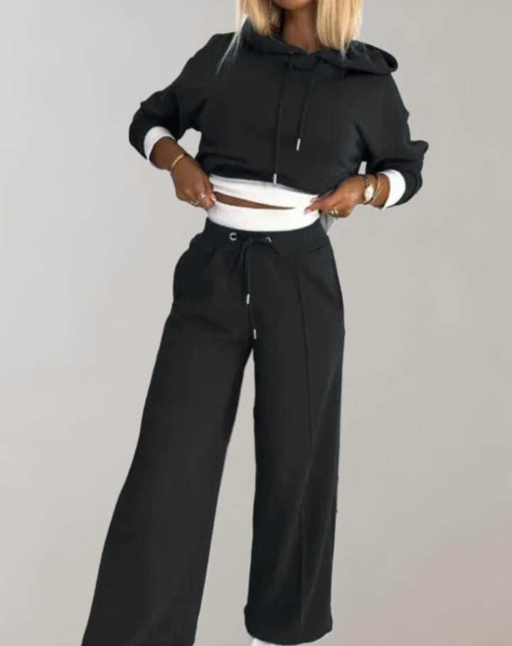Women's Two-Piece Workout Set with Hoodie and Wide-Leg Pants