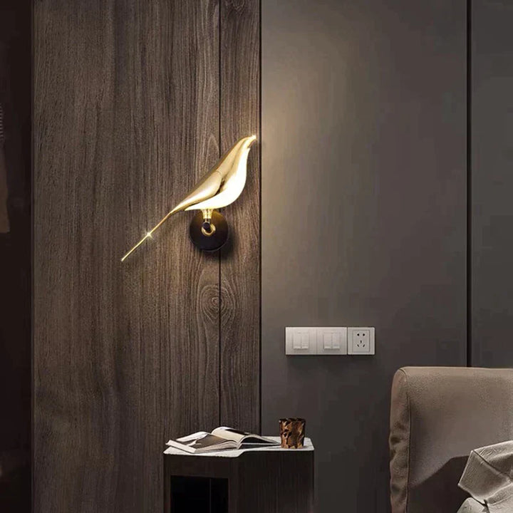 Playful modern LED wall light with bird motif for living room