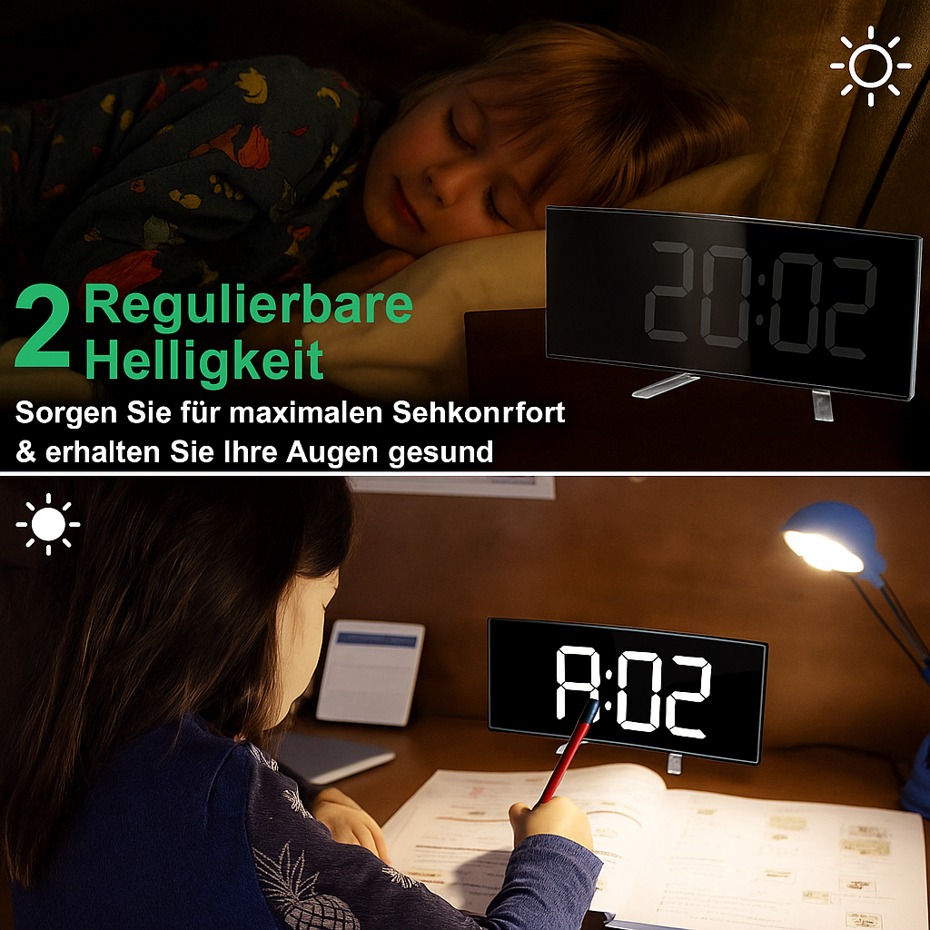 CurveClock LED alarm clock with large display – dimmable, quiet &amp; modern