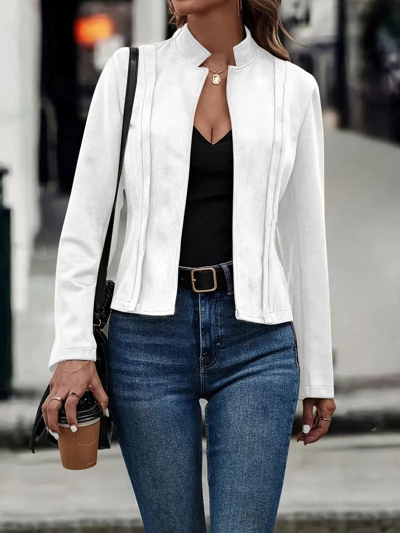 Women's Wool Blend Short Jacket with Stand-Up Collar and Open Front 