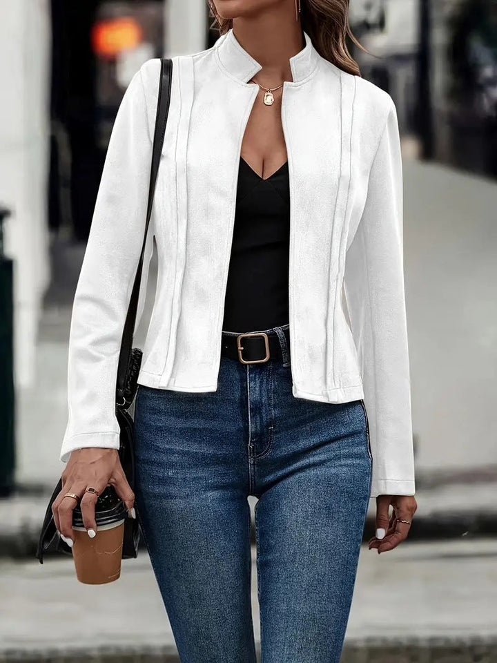 Women's Wool Blend Short Jacket with Stand-Up Collar and Open Front 