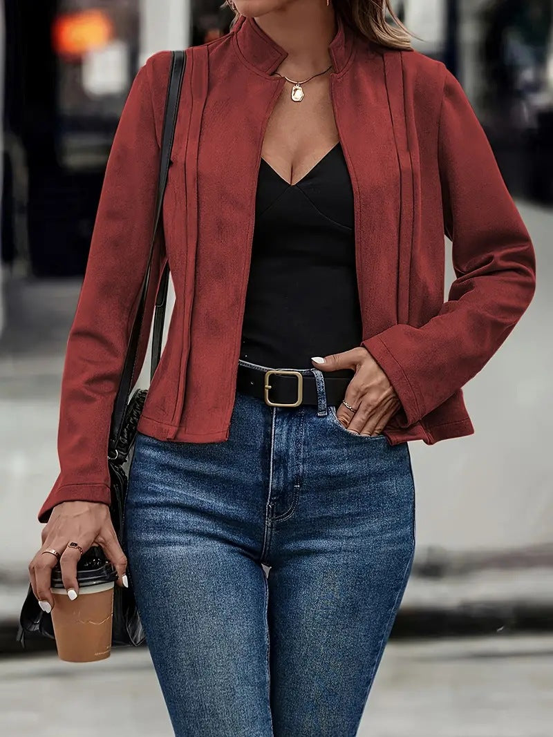 Women's Wool Blend Short Jacket with Stand-Up Collar and Open Front 