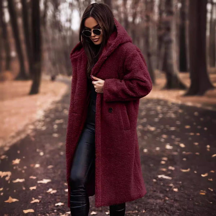 Women's Oversized Long Wool Coat with Hood and Button Closure 