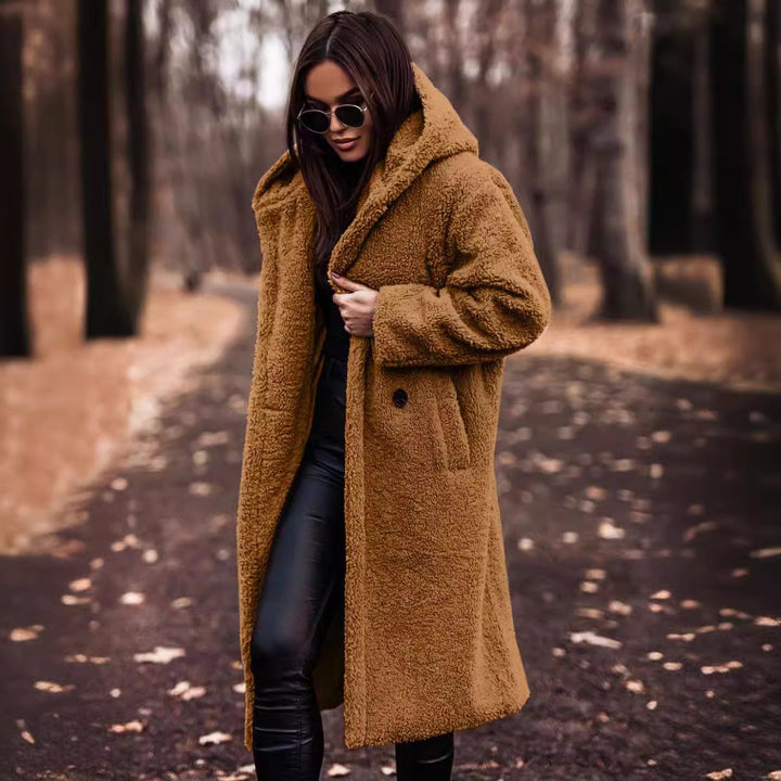 Women's Oversized Long Wool Coat with Hood and Button Closure 