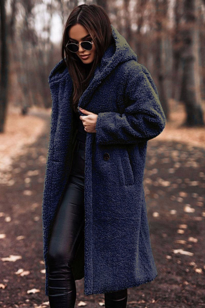 Women's Oversized Long Wool Coat with Hood and Button Closure 