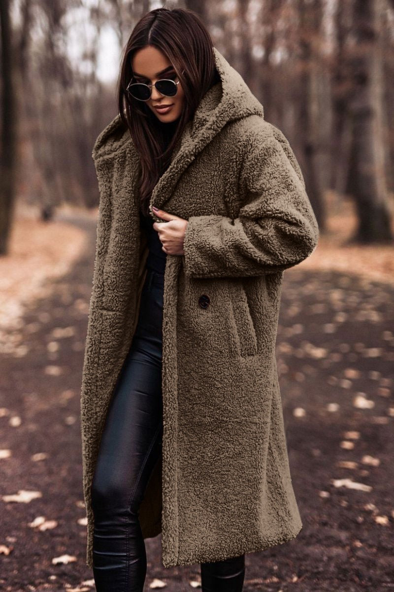 Women's Oversized Long Wool Coat with Hood and Button Closure 