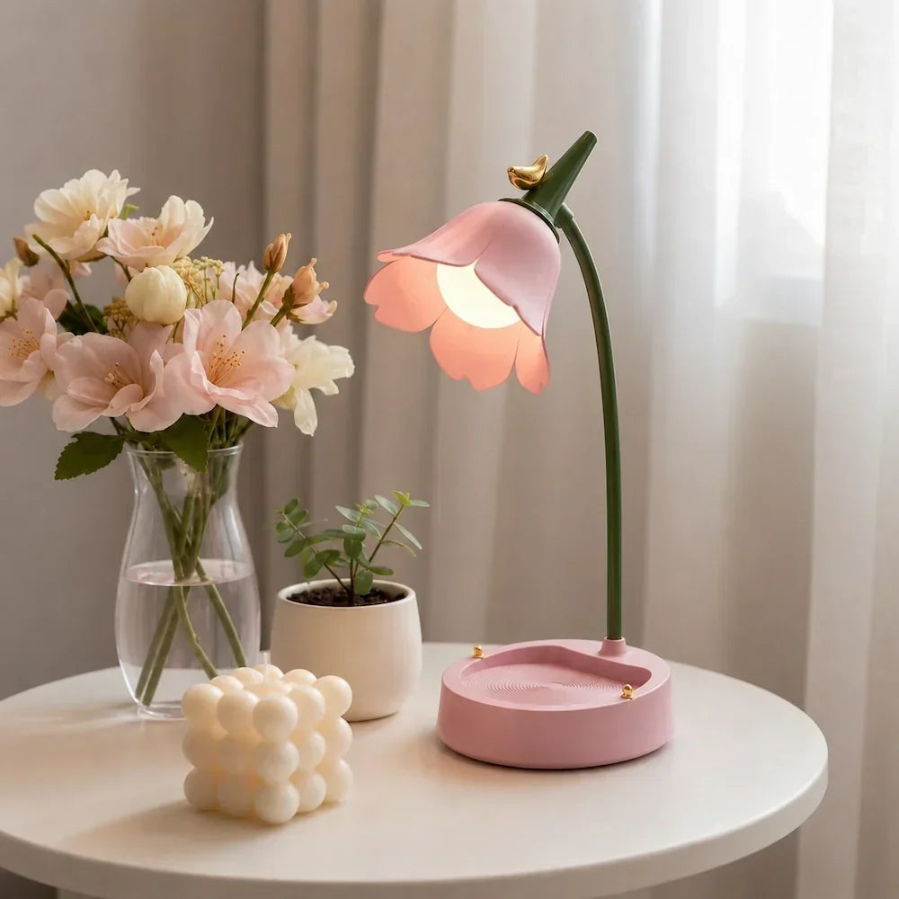 Flexible LED-Leselampe mit blütenförmigem Lampenschirm und Handyhalterung