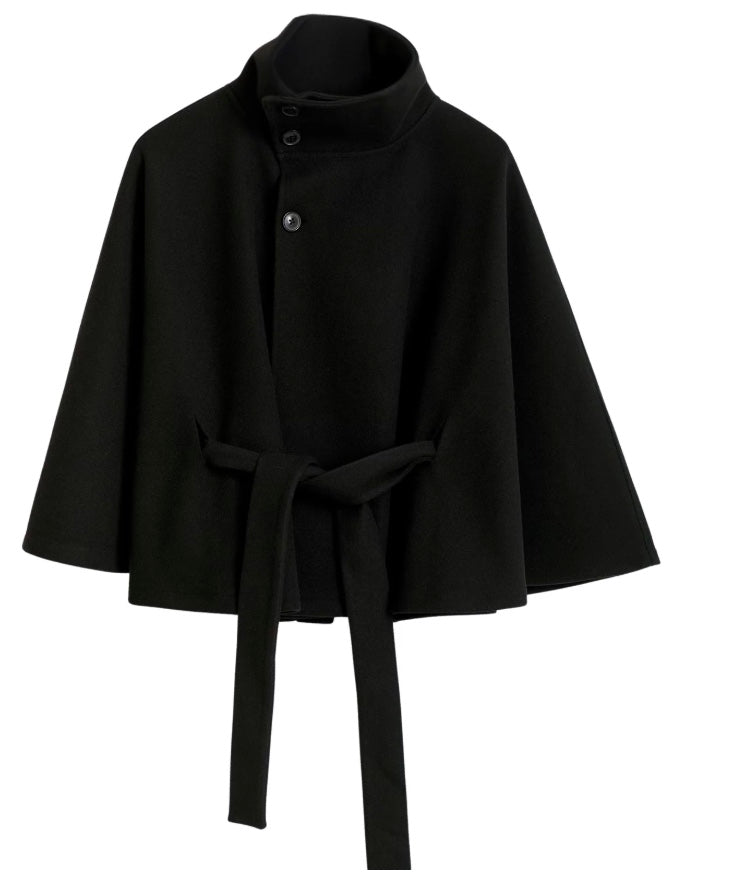 Women's Cape Coat with Belt and High Collar