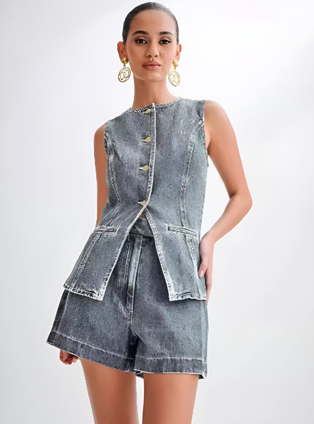 Women's Denim Set with Button Placket and Structured Silhouette