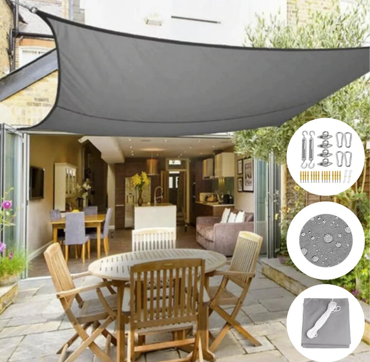 Water-repellent sunshade sail in triangular or square shape for balcony and terrace