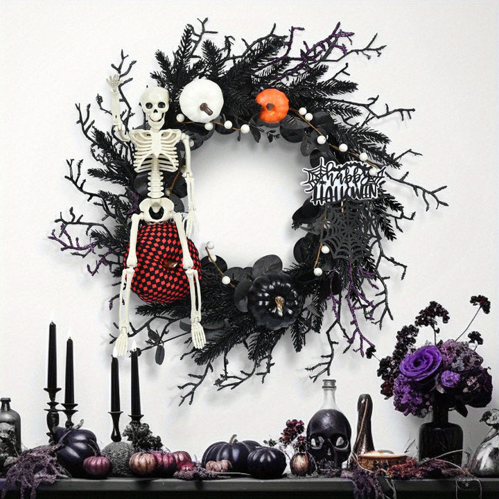 Halloween Gothic Skeleton Pumpkin Wreath – Spooky Autumn Decoration with Pumpkins &amp; Black Branches